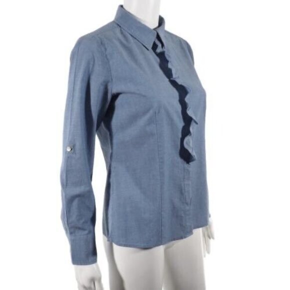 Talbots Womens Shirt Size 6 Petite Button Up Ruffled Front Roll Tab Fitted - Picture 9 of 10
